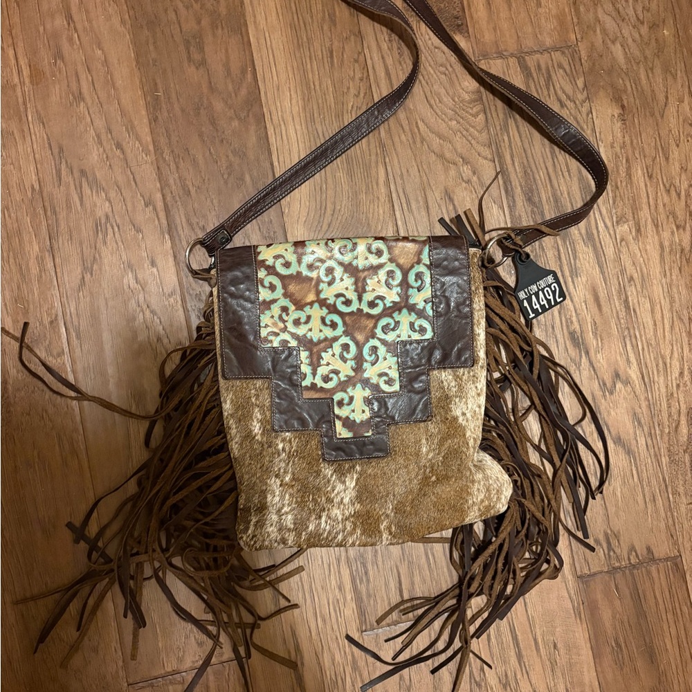 Holy Cow Couture Fringe Crossbody Bag in Brown and Mint